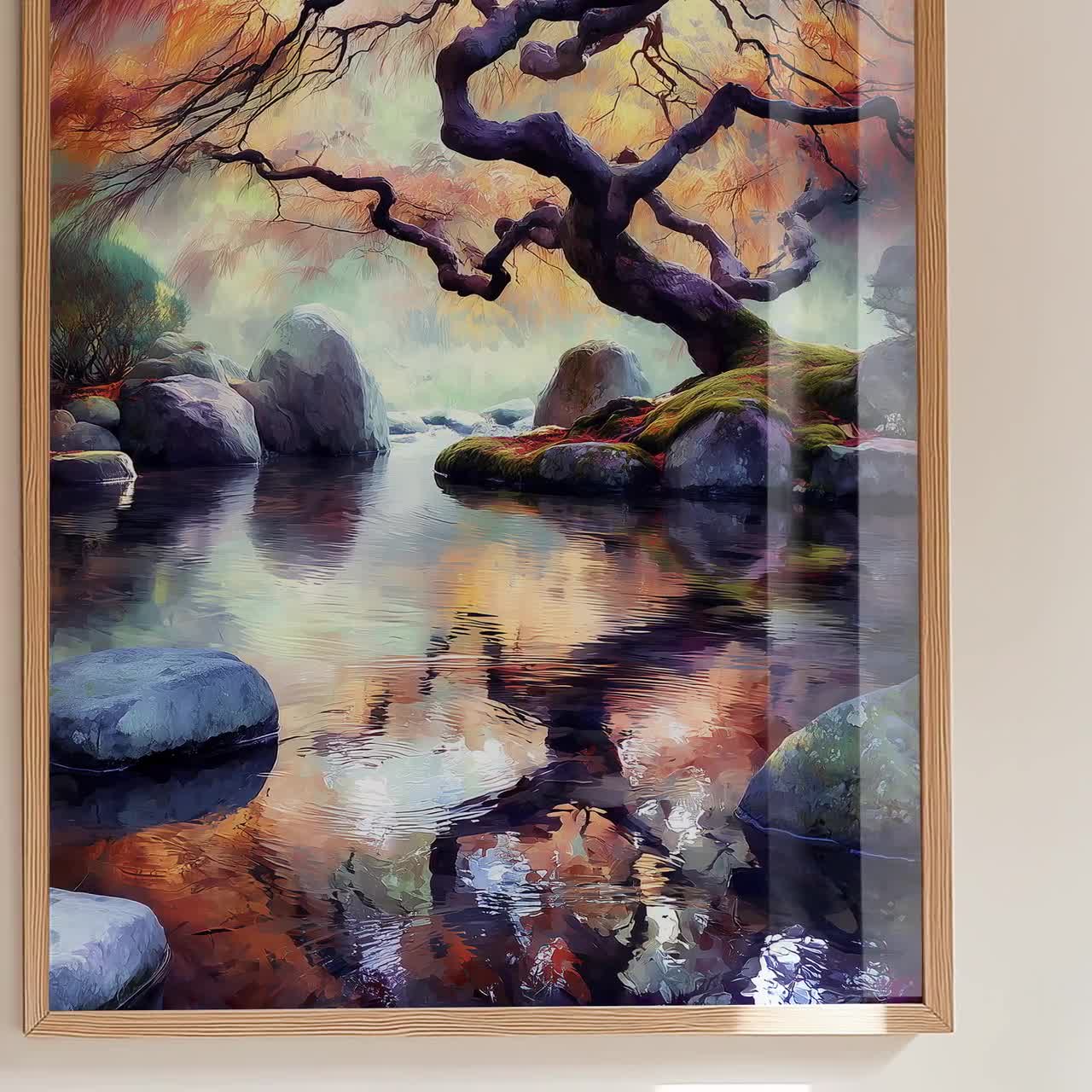 Japanese Tree Canvas Print - Zen Water Reflection Wall Art, Asian